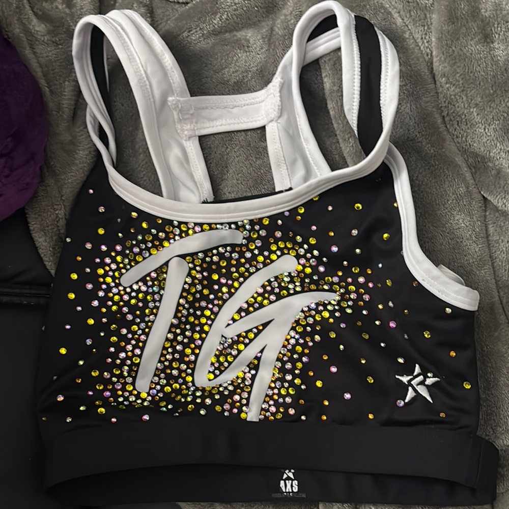 Black and White Sports Bra with Rhinestone Design